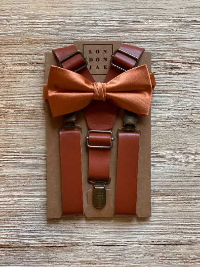 Sunset Burnt Orange Bow Tie with Cognac Suspender Set