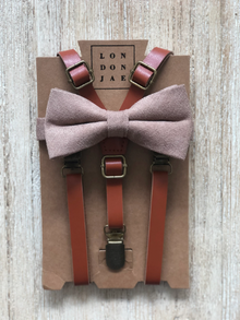  Cognac Suspenders with Taupe Cotton Bow Tie