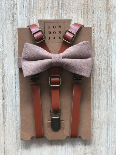 Cognac Suspenders with Taupe Cotton Bow Tie
