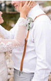 Caramel Skinny Suspenders with Emerald Green Bow Tie