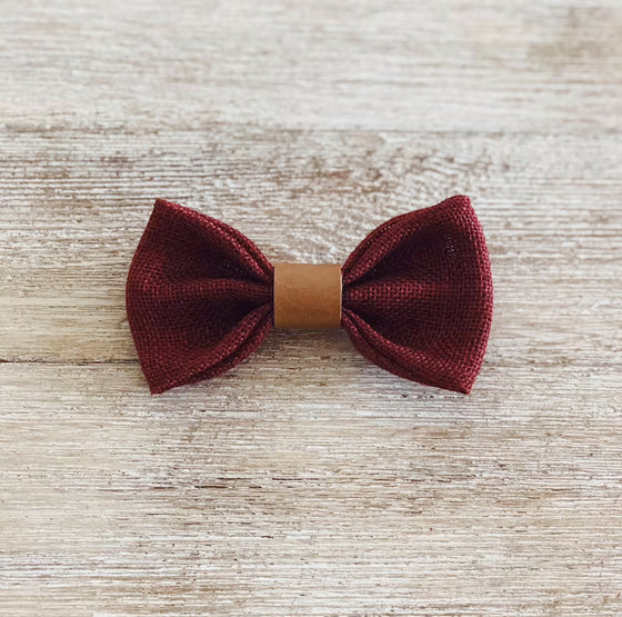 Wine Red Burlap Bow Tie with Vintage Tan Center Strap