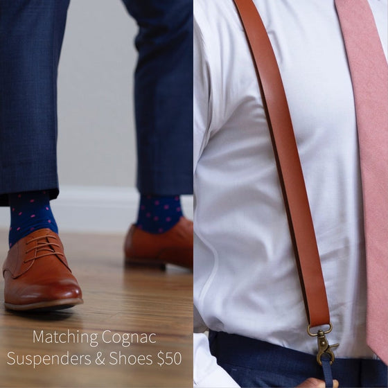 Cognac Faux Leather Suspenders with Sage Cotton Bow Tie Set