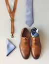 Vintage Tan Skinny Suspenders with Dusty Blue Cotton Bow Tie Set