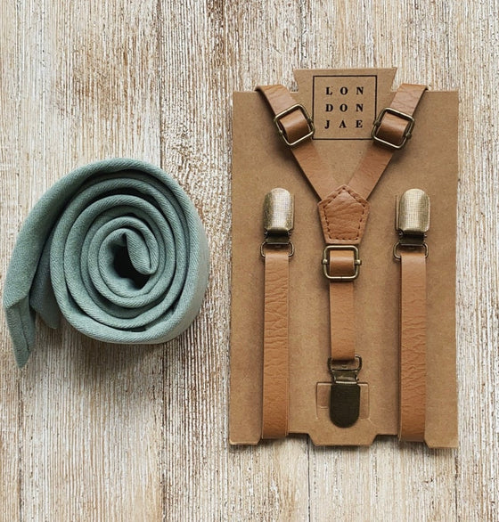 Dusty Sage Bow Tie with Light Brown Faux Leather Suspenders  (1/2" Skinny width)
