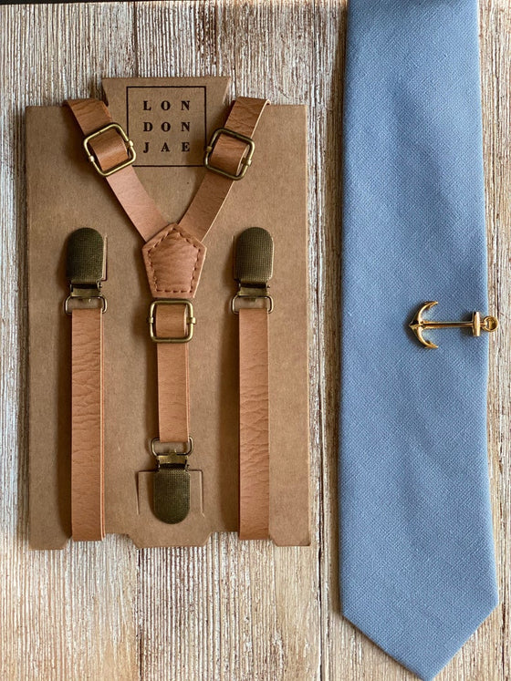 Vintage Tan Skinny Suspenders with Dusty Blue Cotton Bow Tie Set