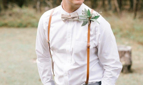 Caramel Skinny Suspenders with Dusty Blue Cotton Bow Tie