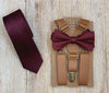 Vintage Tan 1" Suspenders with Burgundy Wine Satin Bow Tie Set