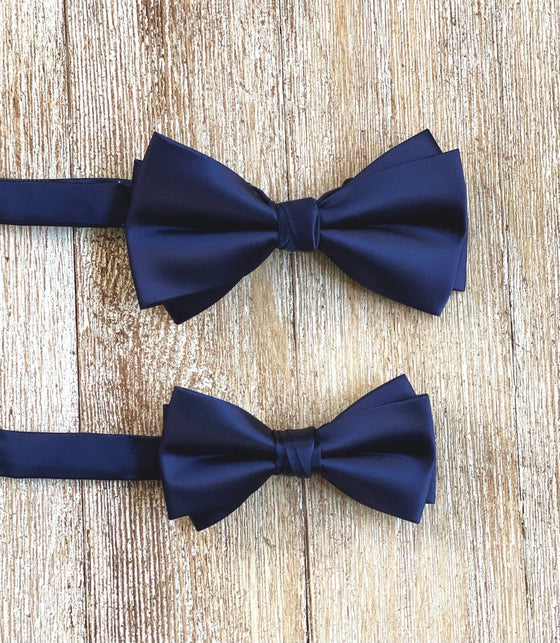Navy Blue satin bow tie and Vintage Brown Suspender set