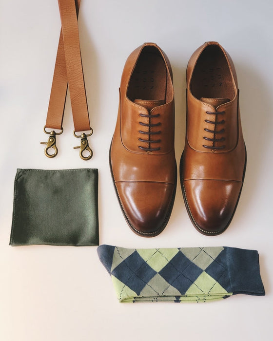 Burlap Bow Tie & Tan Vegan Leather Suspenders Set, Medium (5yrs-10yrs) / Set- Bowtie & Suspenders
