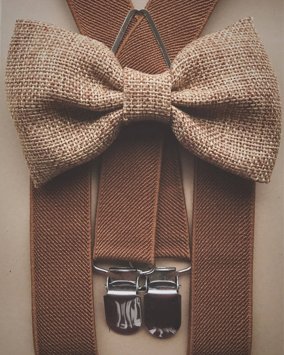 Light Brown Elastic Suspenders with Honey Brown Bow Tie