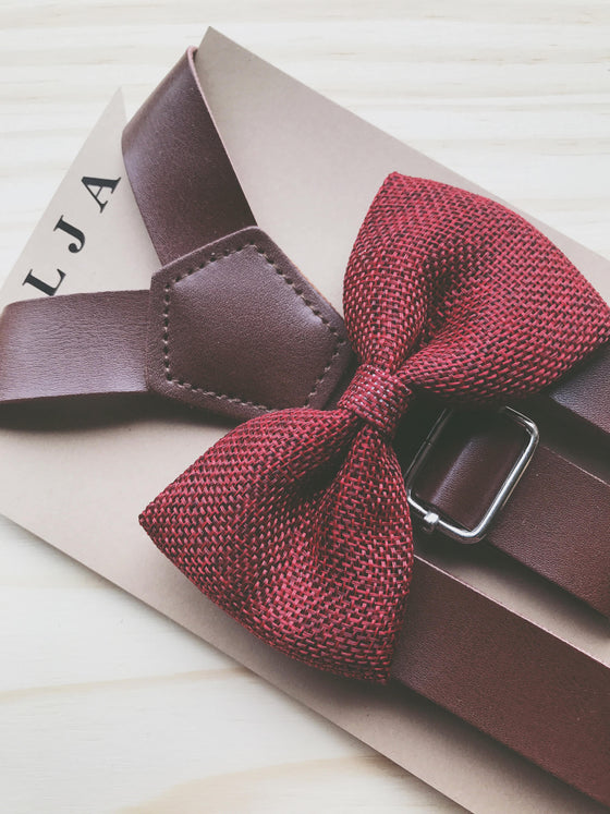 Coffee Brown Suspenders with Wine Burlap Bow Tie