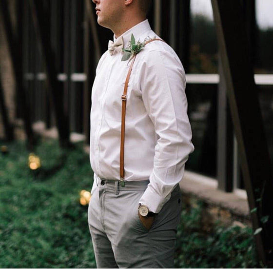 Caramel Skinny Suspenders with Floral Bow Tie