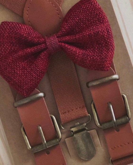 New Style Brown Suspenders with Wine Bow Tie