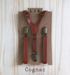 Skinny Cognac Suspenders with Navy Burlap Bow