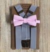 Light Grey Elastic Suspenders with Light Pink Cotton Bow Tie