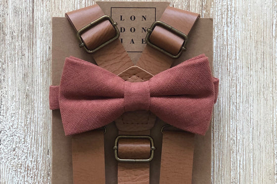 Light Brown Suspenders & Desert Coral Bow Tie Set