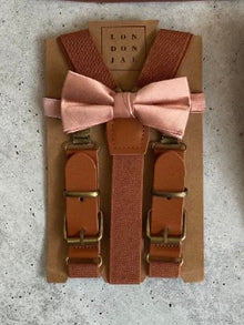  Rose Quartz Bow Tie with Cognac Buckle Suspender Set