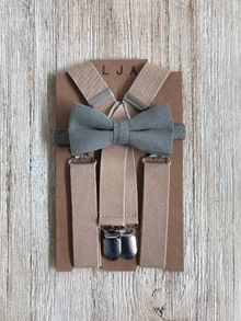  Sage Olive Bow Tie with Khaki Elastic Suspender Set