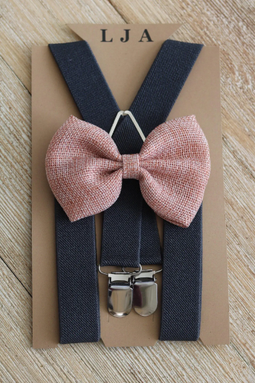 Blush Pink Bow Tie with Navy Elastic Suspender Set