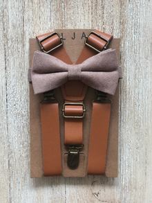  Taupe Cotton Bow Tie with Caramel Suspender Set
