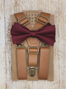  Skinny Vintage Tan Suspenders with Burgundy Wine Bow Tie
