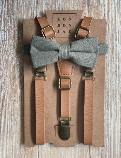 Sage Cotton Bow Tie with Vintage Tan Suspender Set