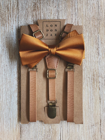 Rust Bow Tie with Vintage Tan Suspender Set