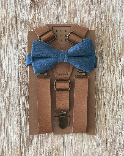 Steel Blue Bow Tie with Vintage Tan Suspender Set