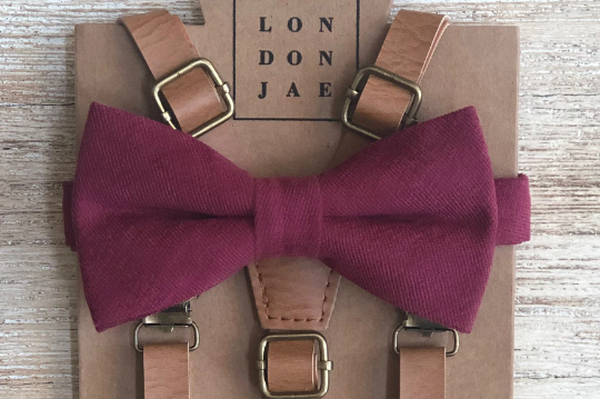 Vintage Tan Suspenders with Wine Cotton Bow Tie