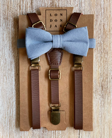  Dusty Blue Cotton Bow Tie with Weathered Coffee Suspender Set